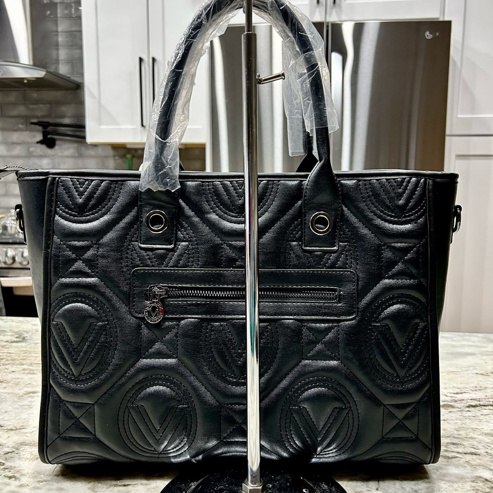 NWT Valentino Orlandi Black Vegan Leather Quilted Tote - Picture 3 of 9